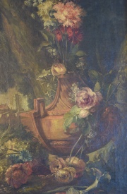 Frutos y Flores, dos óleos anónimos sobre tela. Peq. saltaduras, Miden: 78 x 60 cm.