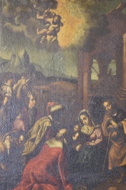 La Adoración de los Reyes Magos, óleo italiano sobre tela, pequeñas saltaduras. Mide: 42 x 32 cm.