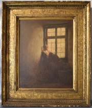 Joven en la ventana, óleo escuela italiana, de 48 x 38 cm.