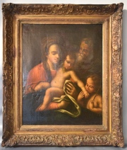 La Sagrada Familia con San Juan Bautista, óleo anónimo italiano reentelado. Restauros. Mide: 48 x 38 cm.