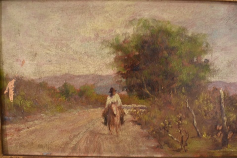 Carlos de la Torre, Jinete en el camino, óleo de 15 x 24 cm. Saltaduras.