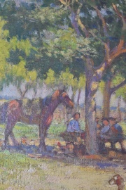 Coppini, Paisanos junto al Rancho. óleo Firmado Coppini 1934, dedicado al Dr. Martin
