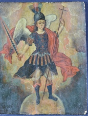 San Miguel Arcangel. Sin marco. óleo sobre tabla, desperfectos. 29.5 x 23 cm.