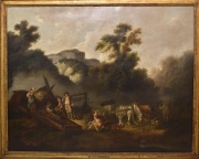 De Loutherbourg, UN ALTO EN EL TRABAJO, óleo sobre tela, restauro. Mide: 145 x 115 cm.