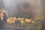 Pastor con ovejas, óleo sobre tabla, rajadura, JHV van den Bosch. Mide: 34,2 x 31,5 cm.