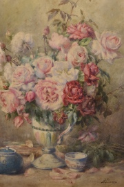 Francois Rivoire, Vaso con flores, acuarela. Mide: 67 x 50 cm.