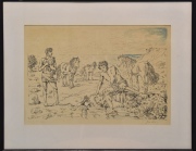 CABALLOS Y PERSONAJES EN LA COSTA, litografía firmada G. de Chirico abajo a la derecha. Mide: 31 x 45 cm.