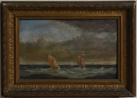 Marina con veleros, óleo sobre tela de 22 x 36 cm.