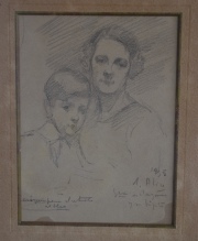 ANTONIO ALICE, SEÑORA DE PAGANO Y SU HIJITO, dibujo al lápiz, 'croquis para el retrato al óleo'. Firmado A. Alice. Mi