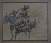 JOVEN CON BURROS, dibujo al lápiz y acuarela de Tomás Di Taranto. Firmado Di Taranto a la derecha. Mide: 20 x 24 cm.