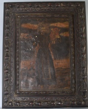 San Juan de Dios y el Niño, óleo anónimo antiguo. Saltaduras, Mide: 45 x 32 cm.