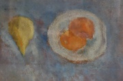 Diomede, Pera y Naranjas, óleo. Mide: 24 x 35 cm.