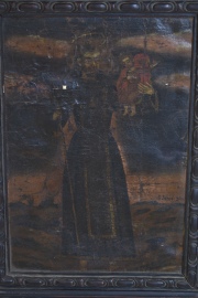 San Juan de Dios y el Niño, óleo anónimo antiguo. Saltaduras, Mide: 45 x 32 cm.
