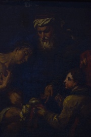 Escena Bíblica, óleo sobre tabla. Antigua etiqueta Vieja, Atribuido a Il Guercino. Mide: 23 x 28 cm.