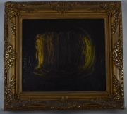Figuras en amarillo, óleo craquelado sin firma. Mide: 28 x 32 cm.
