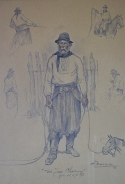 Marenco, Eleodoro. Don Juan Carrusco (Gaucho central y alegorías), Lápiz y color de 40 x 29 cm. Colecc. N. Carlos Seeber