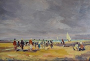 Montoya Ortiz. En la playa, óleo firmado de 44 x 69.5 cm.