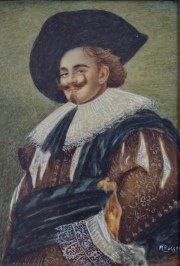 Retrato de caballero de gran bigote. Marco bronce dorado firmado. M Poggesi. Mide: 11 x 8 cm.