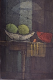 Inos Corradin, Frutas sobre la Mesa, óleo de: 100 x 60 cm.