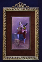 Placa esmalte Limoges, representando Trovador. Placa mide: 21,5 x 12 cm.