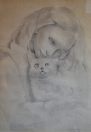 Mariette Lydis Niña con gato. Mide: 34 x 25 cm.