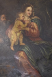 Anonimo, Sagrada Familia y Angeles Custodios, óleo sobre cobre, saltaduras. Mide 77 x 99 cm.