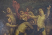 Anonimo, Sagrada Familia y Angeles Custodios, óleo sobre cobre, saltaduras. Mide 77 x 99 cm.