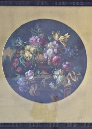 Naturaleza muerta circular, óleo de Francesco Bosso. Diámetro 31 cm.