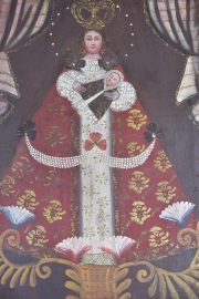 Virgen con Niño, óleo sobre tela, Arte Popular. Mide: 83 x 58 cm.