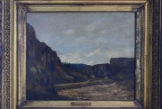 Escuela de G. Courbet, Paisaje, óleo sobre tela. Restauros. Mide: 51 x 61 cm.