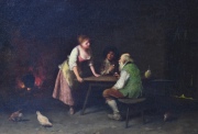 Personajes en la taberna, óleo sobre tela de Camillo Innocenti. Mide: 27.5 x 35 cm.