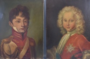 Dos Retratos de jóvenes con uniformes militares, óleos de 50 x 39 cm. Desperfectos.