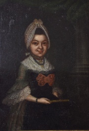 Figura femenina con abanico. Cartel al dorso. Restauros. Mide: 30 x 23,5 cm.