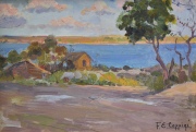 Coppini, Paisaje con Casas junto al río, óleo de 14 x 20 cm.