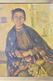 Mujer con mantón de manila, Escuela Española, óleo. Sin Firma. 30 x 24 cm.
