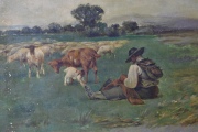 Pastor con ovejas. Escuela Española. Sin firma, óleo. Mide: 25 x 36 cm.