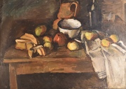 Augusto Torres, Bodegón con Cacharros, vino y frutas, óleo sobre tela. Mide: 61 x 76,5 cm.