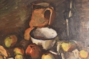 Augusto Torres, Bodegón con Cacharros, vino y frutas, óleo sobre tela. Mide: 61 x 76,5 cm.