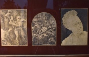 Dos cuadros con tres láminas cada uno, representando dibujos antiguos. Miden: 40 x 75 cm.