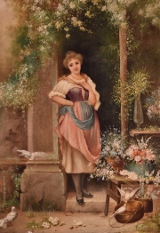 José Rodriguez, Mujer en un patio florido, óleo. Mide: 41 x 30 cm.