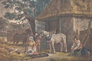 Smith, John R. Feeding the Pigs, grabado en colores. Manchas, sin enmarcar. Mide: 48 x 55 cm.