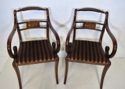 Cuatro sillas y dos sillones, estilo Regency, tapizado a bastones. 6 Piezas