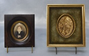 NIÑO CON PALOMA y ESCENA CAMPESTRE, dos miniaturas ovales. La primera pintada, sin firma, la segunta: relieve de pasta.