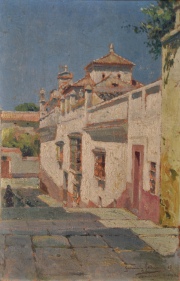 Manuel García y Rodriguez. Calle de Pueblo, óleo sobre tabla. Mide: 26 x 17 cm.