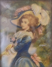 Joven con sombrero y vestido azul, miniatura rectangular marco de bronce. Mide: 8,5 x 6,5 cm.