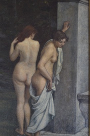 Desnudos femeninos, óleo sobre tela. Anónimo. Mide: 59 x 31 cm.