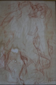 Desnudo femenino, dibujo a la sanguínea, firmado A. Mancini. Mide: 47 x 33 cm. Manchas de humedad.