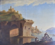 Personajes junto a un río y un puente en ruinas, óleo sin firma. Desperfectos. Mide: 42 x 47 cm.