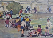 J. Murcia, Niños en la plaza, óleo de 24 x 30 cm.