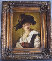 Bouche, Mujer con sombrero, óleo. Mide: 50 x 40 cm.